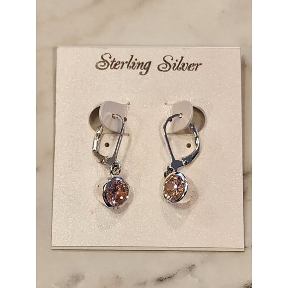 Sterling Silver Leverback Earrings With Round Champagne CZ Drop - Picture 1 of 5